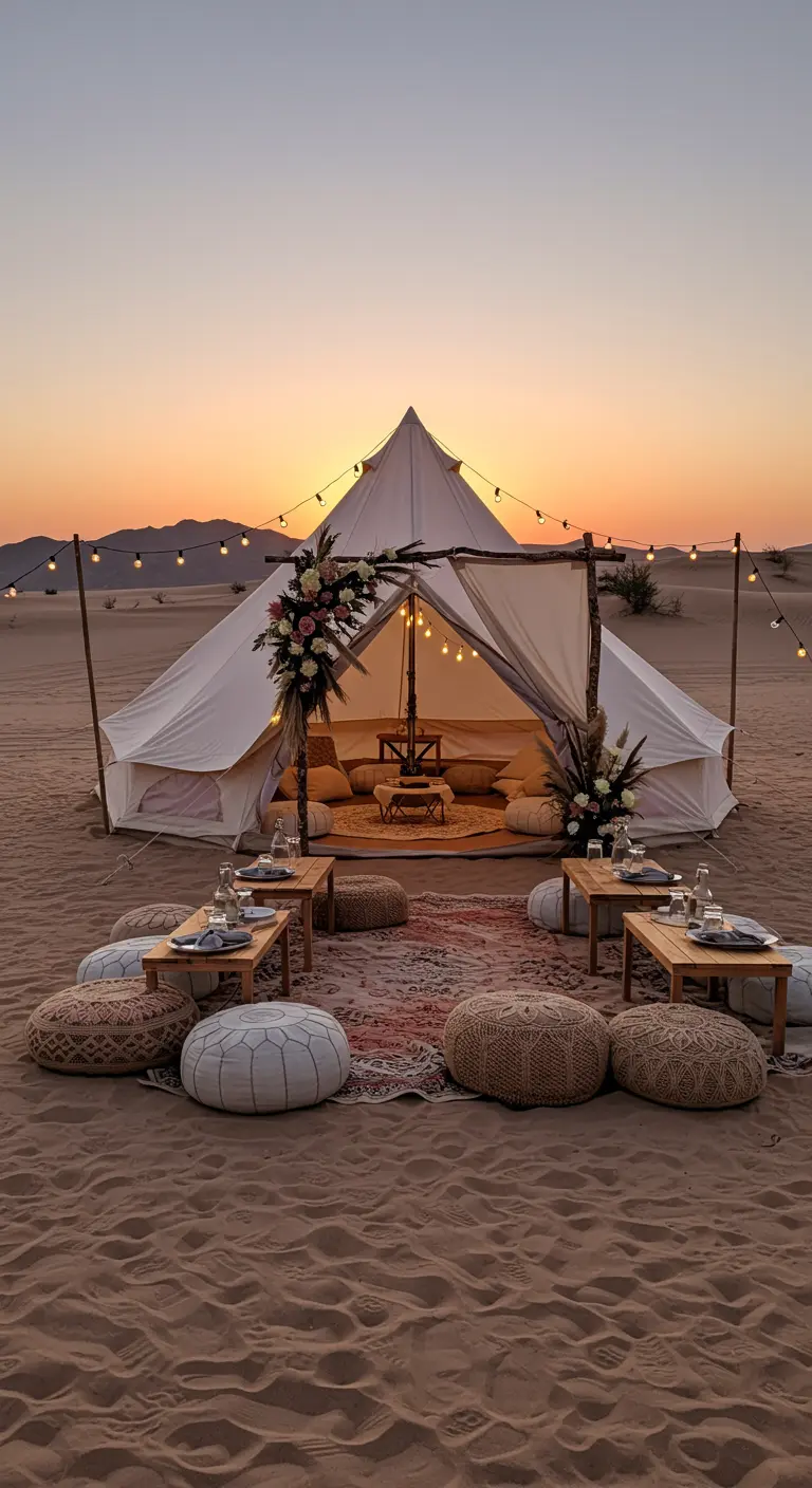 A glamping tent in the desert decorated for a party with flowers, poufs, and string lights.