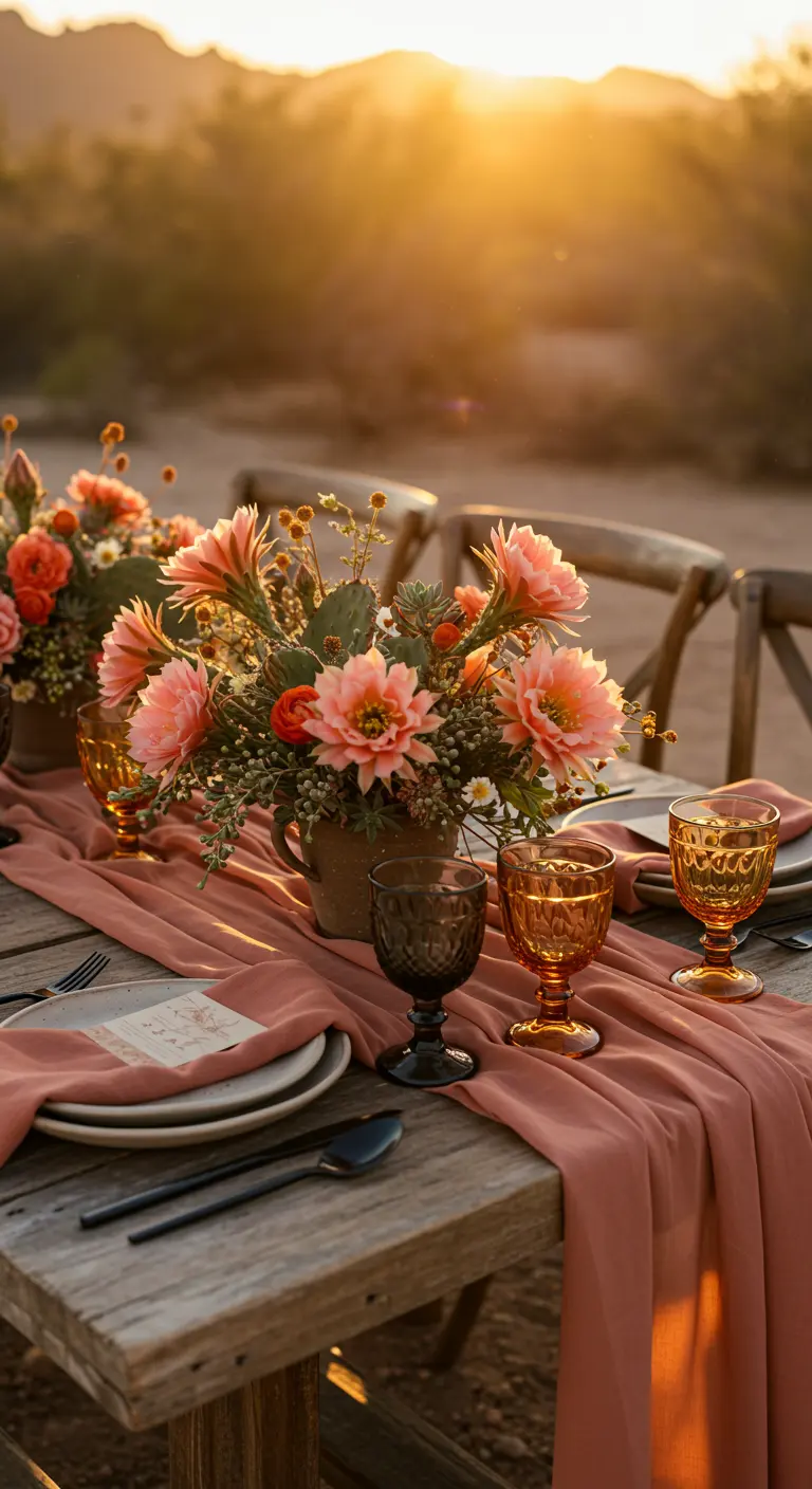 Rustic table in a desert setting with a terracotta runner and cactus flower arrangements.