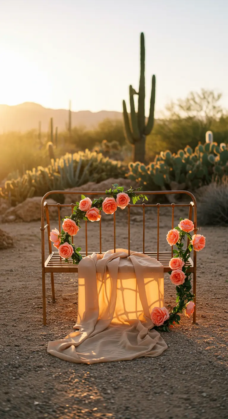 A simple bronze daybed in the desert, adorned with a coral rose garland and beige fabric.