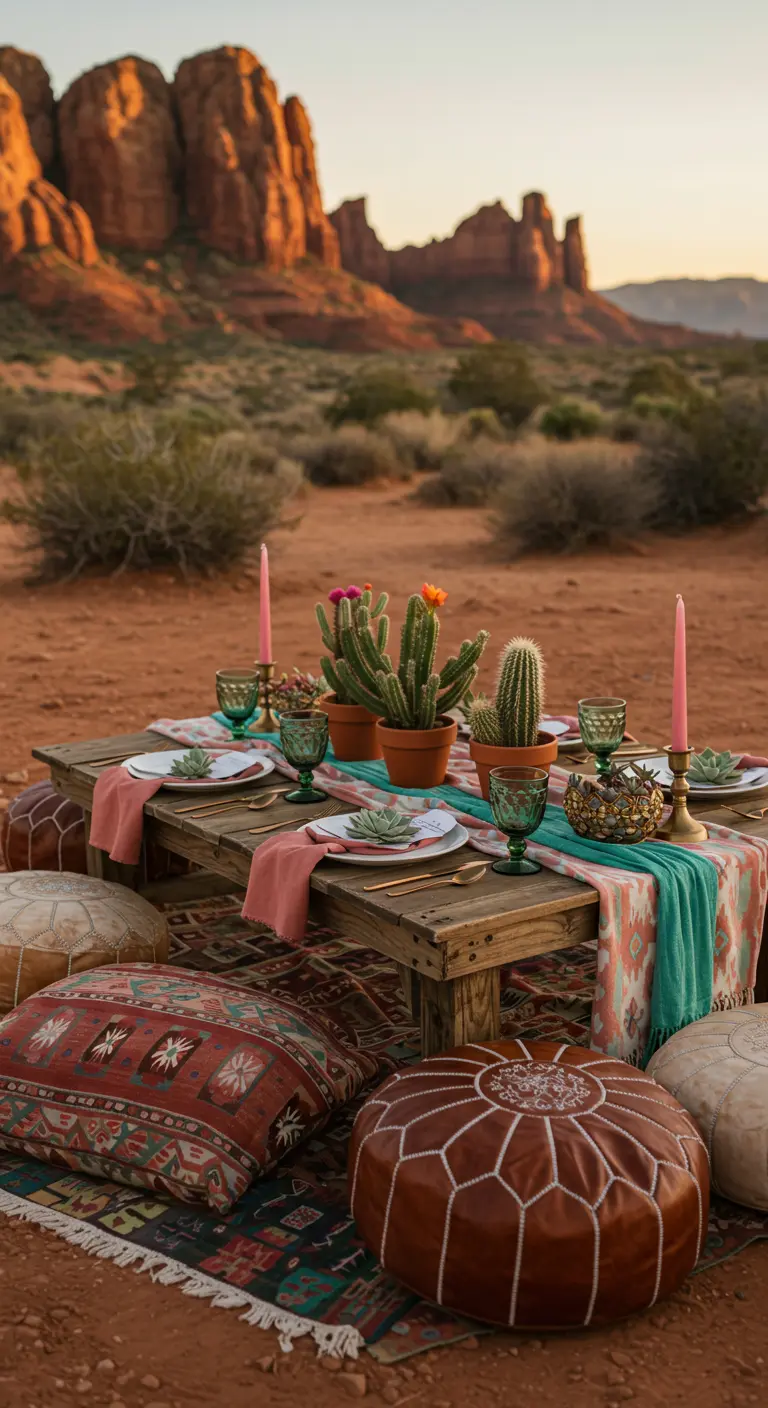 Desert picnic with red rock background, leather poufs, and a cactus centerpiece.