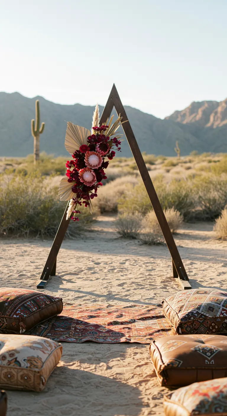 A-frame wooden arch with a floral arrangement in a desert setting with floor cushions.