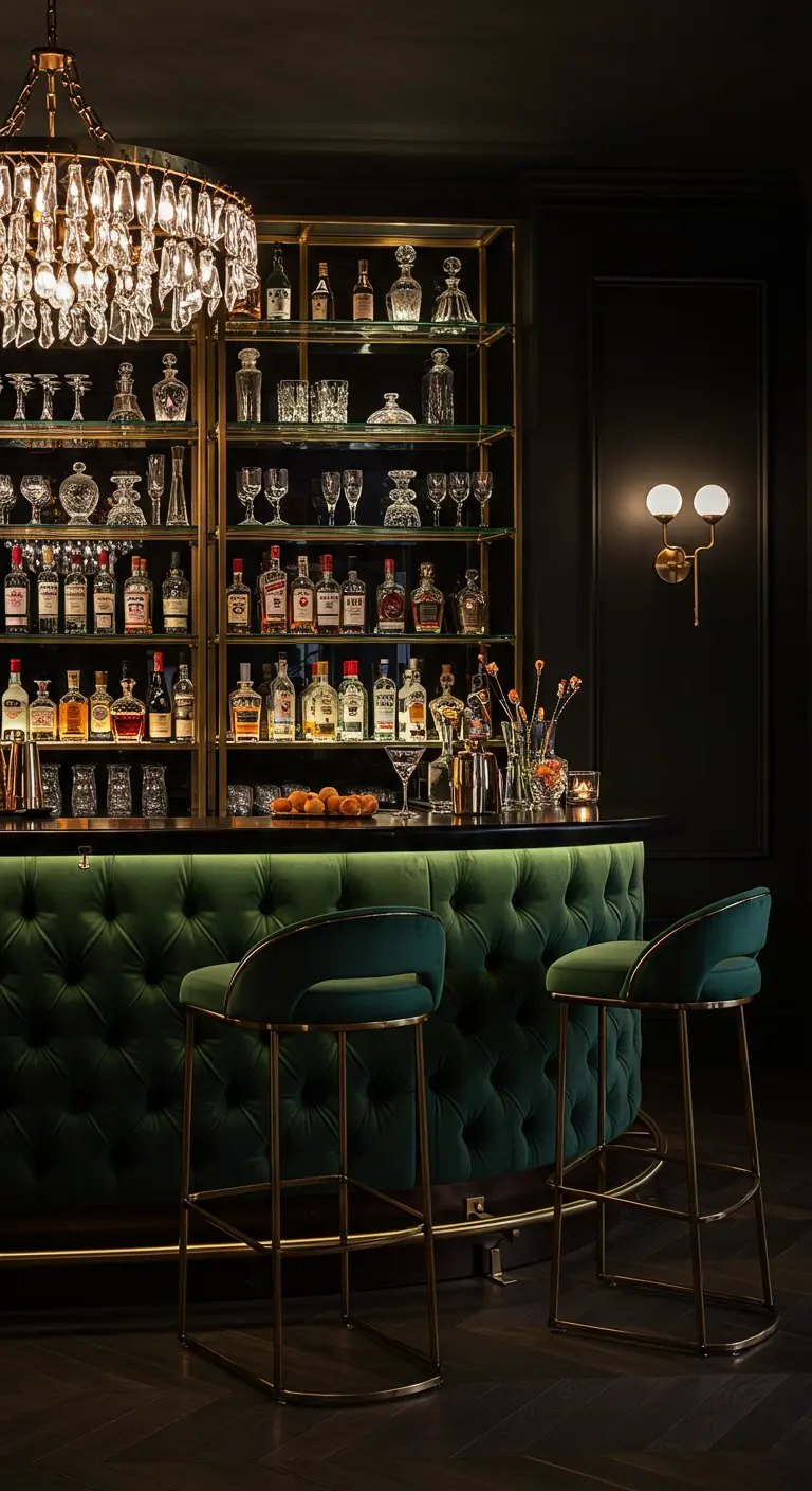 A sophisticated home bar with a tufted emerald green velvet front, backlit shelves, and a crystal chandelier.