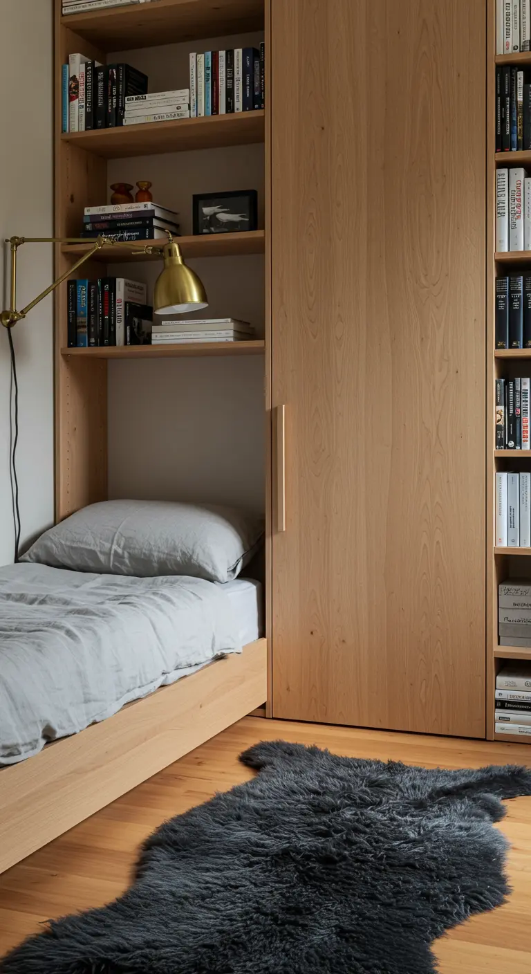 A cozy bed nook built into a wall of bookshelves with a brass reading lamp.