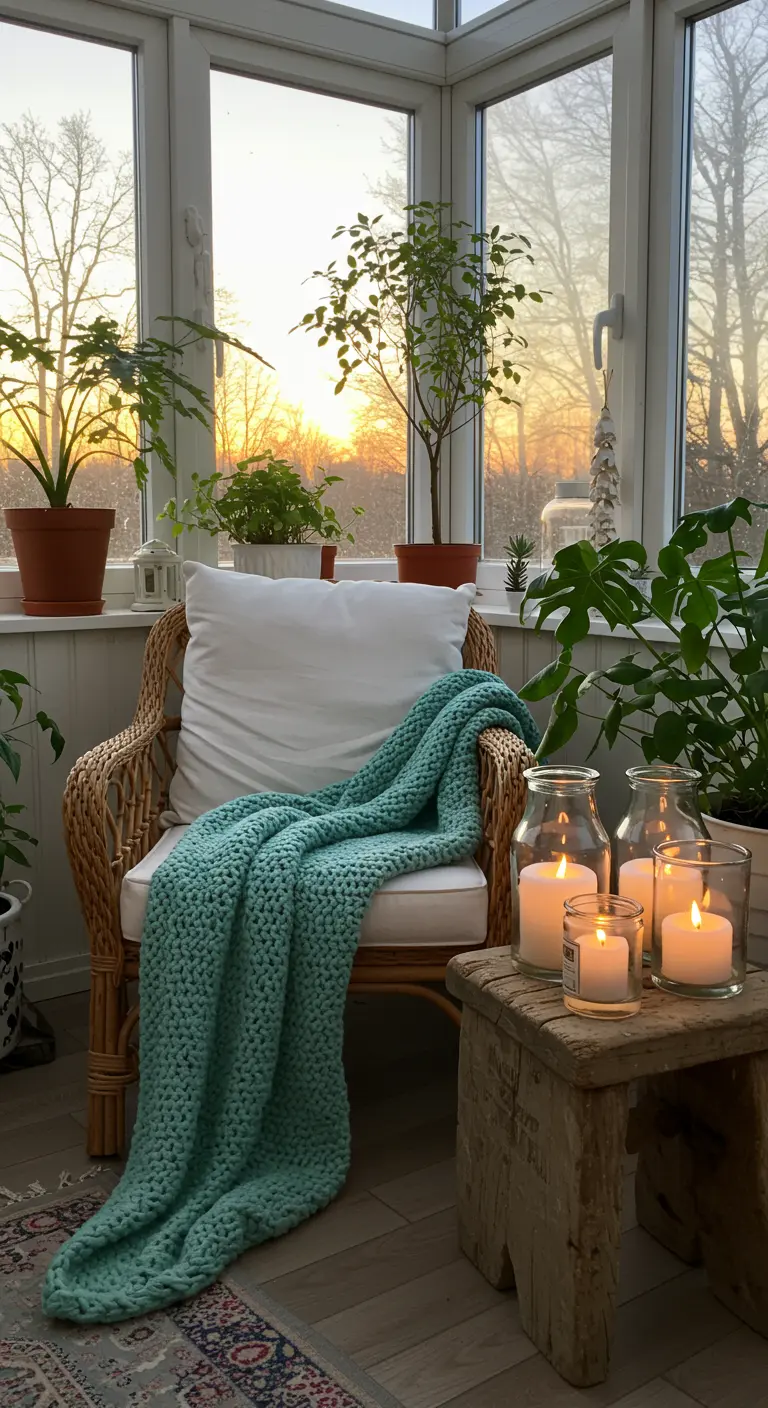 Rattan chair with a teal knit throw in a sunroom filled with plants and candles on a stool.