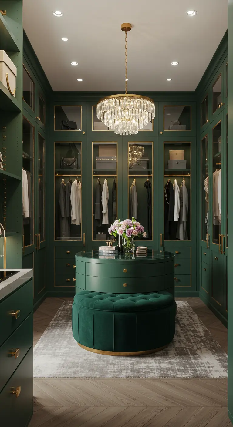Luxurious walk-in closet with emerald green cabinetry, glass doors, and a central island with a matching ottoman.