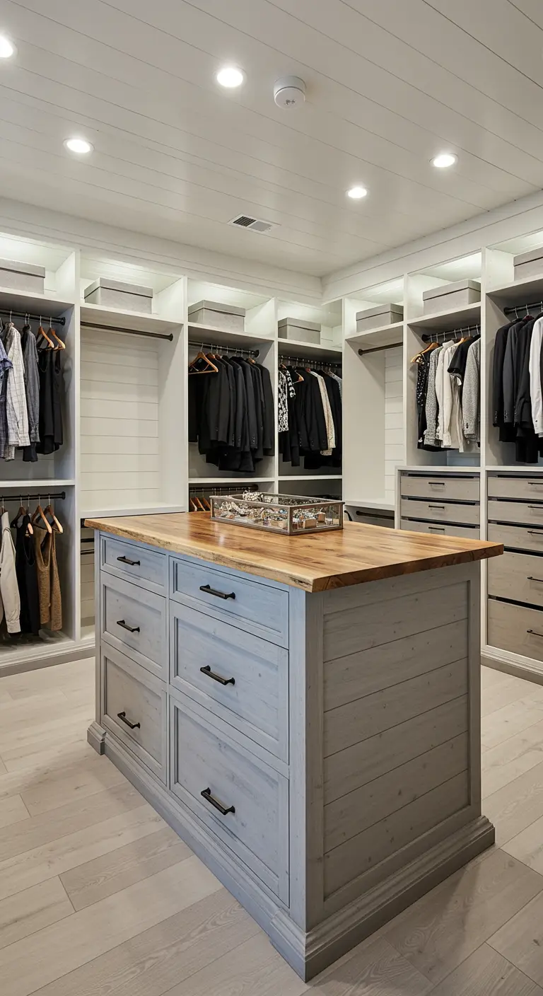 Spacious walk-in closet with a gray island topped with wood and open hanging racks.