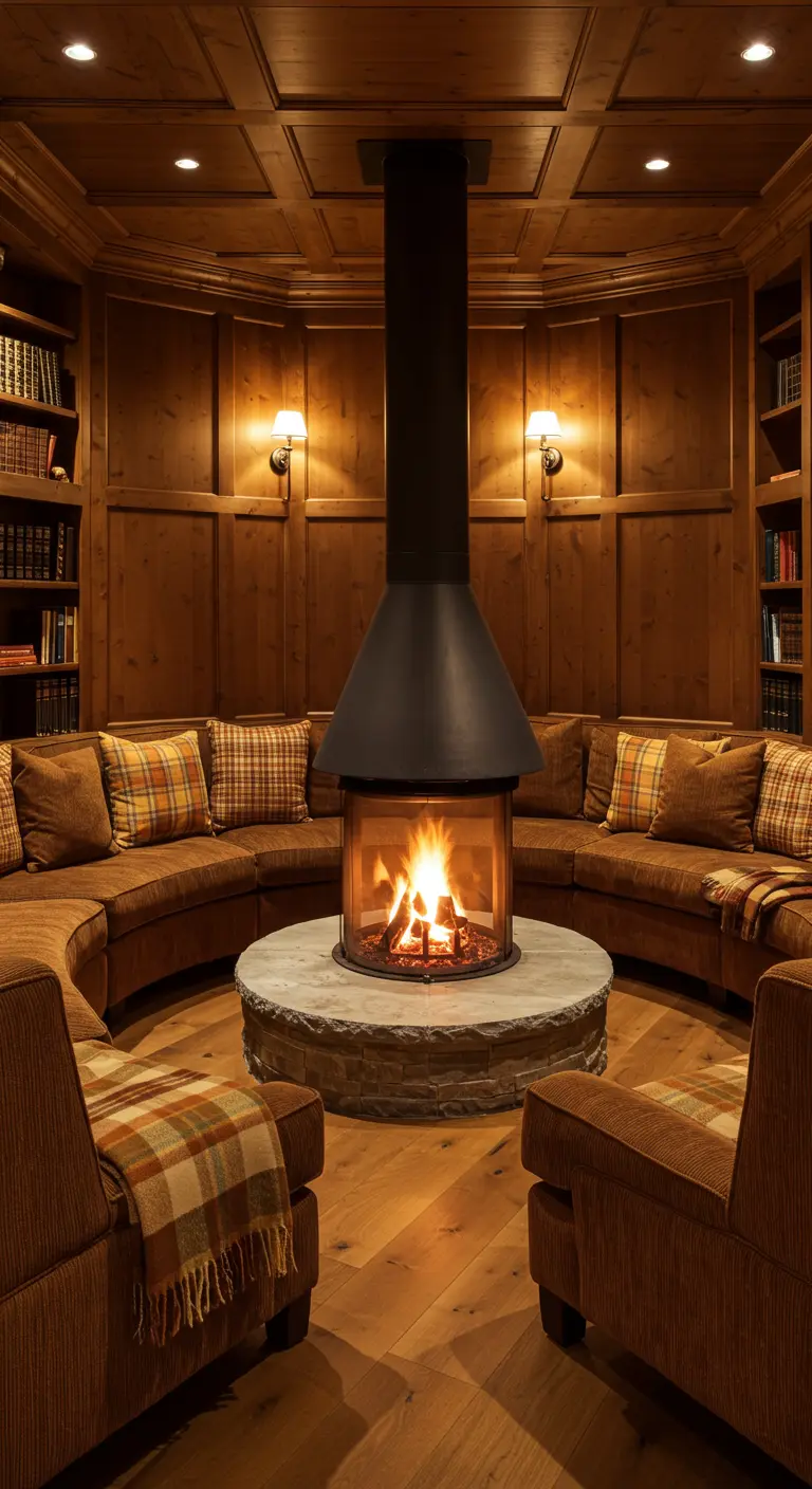 A circular conversation pit with a brown sectional sofa surrounding a central fireplace.