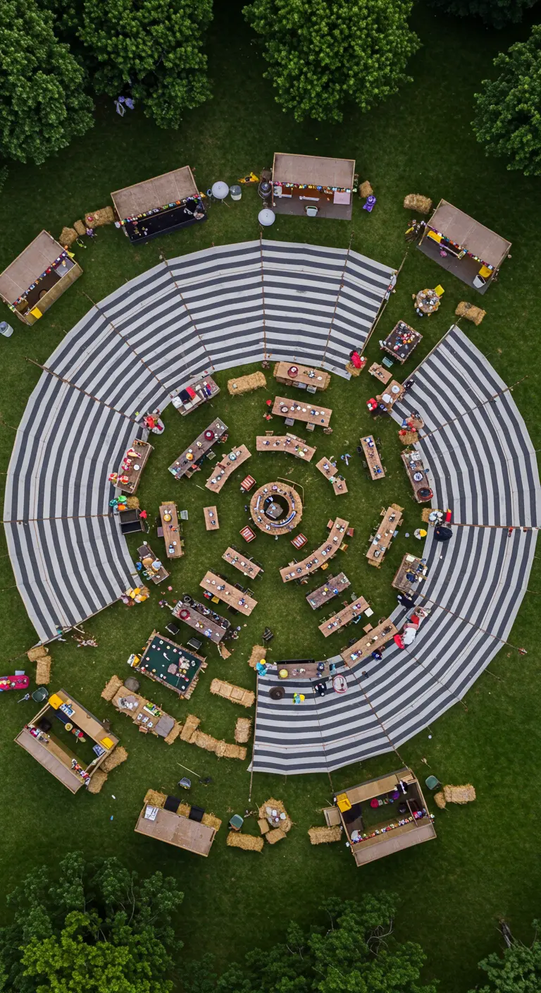 An aerial view of a carnival laid out in a large black-and-white spiral.