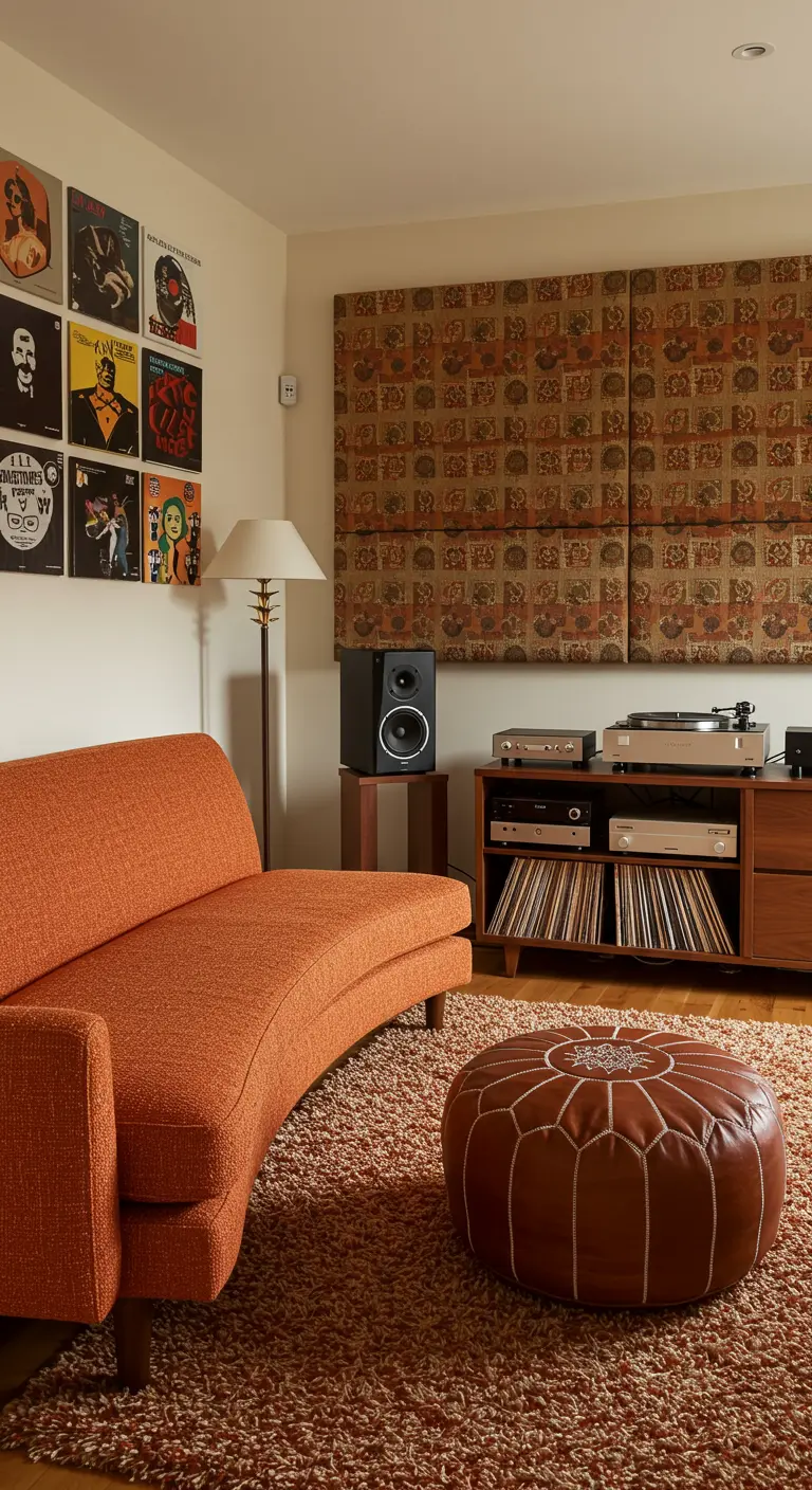 A retro listening room with a curved orange sofa, a record player on a console, and a leather pouf.