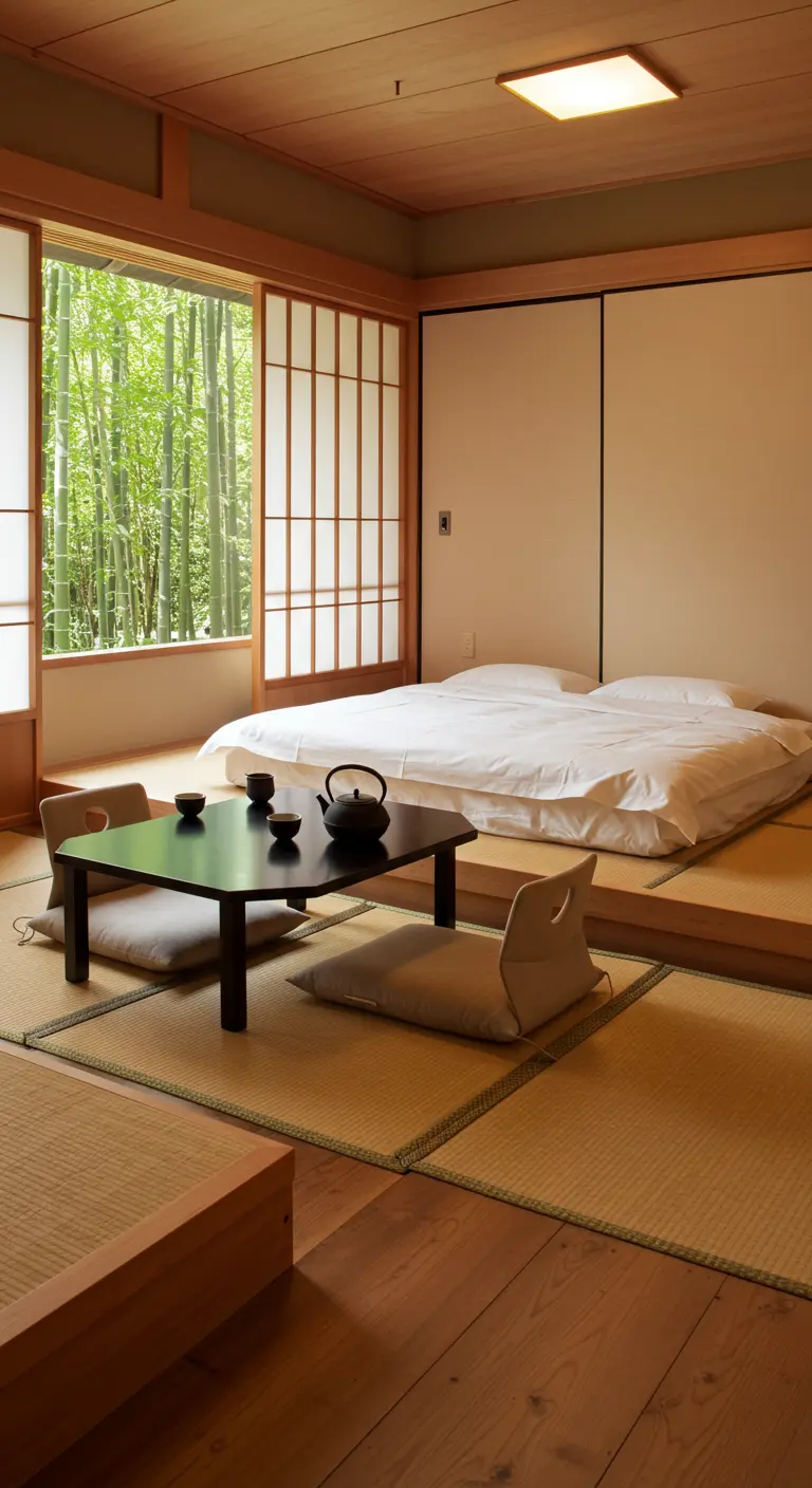 Japanese-style bedroom with a low tea table and a view of a bamboo forest.