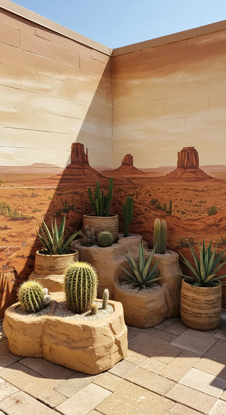 A desert-themed patio with a Monument Valley mural and faux rock planters filled with cacti.