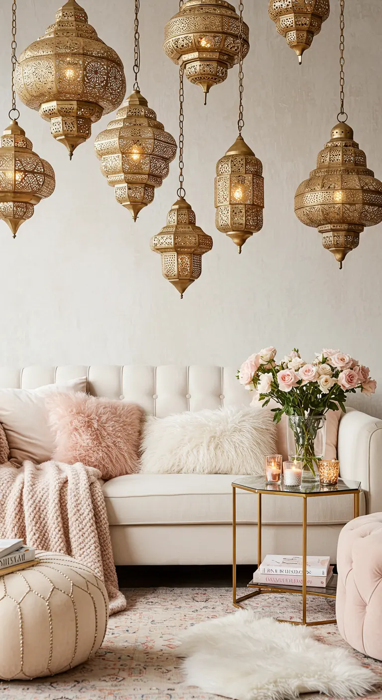 A cluster of hanging brass lanterns glows above a white sofa with soft pink and white pillows.