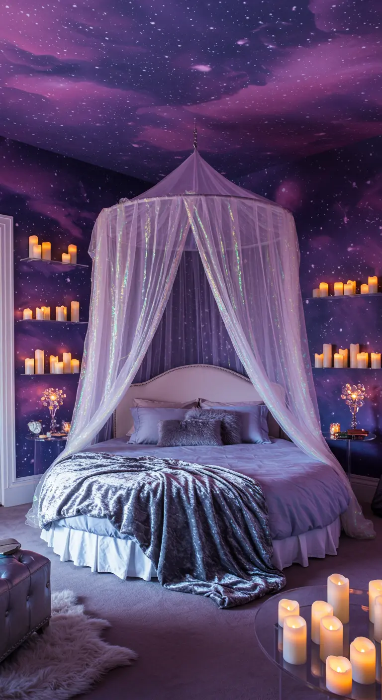Bedroom with a galaxy-painted ceiling, round bed, and iridescent canopy.