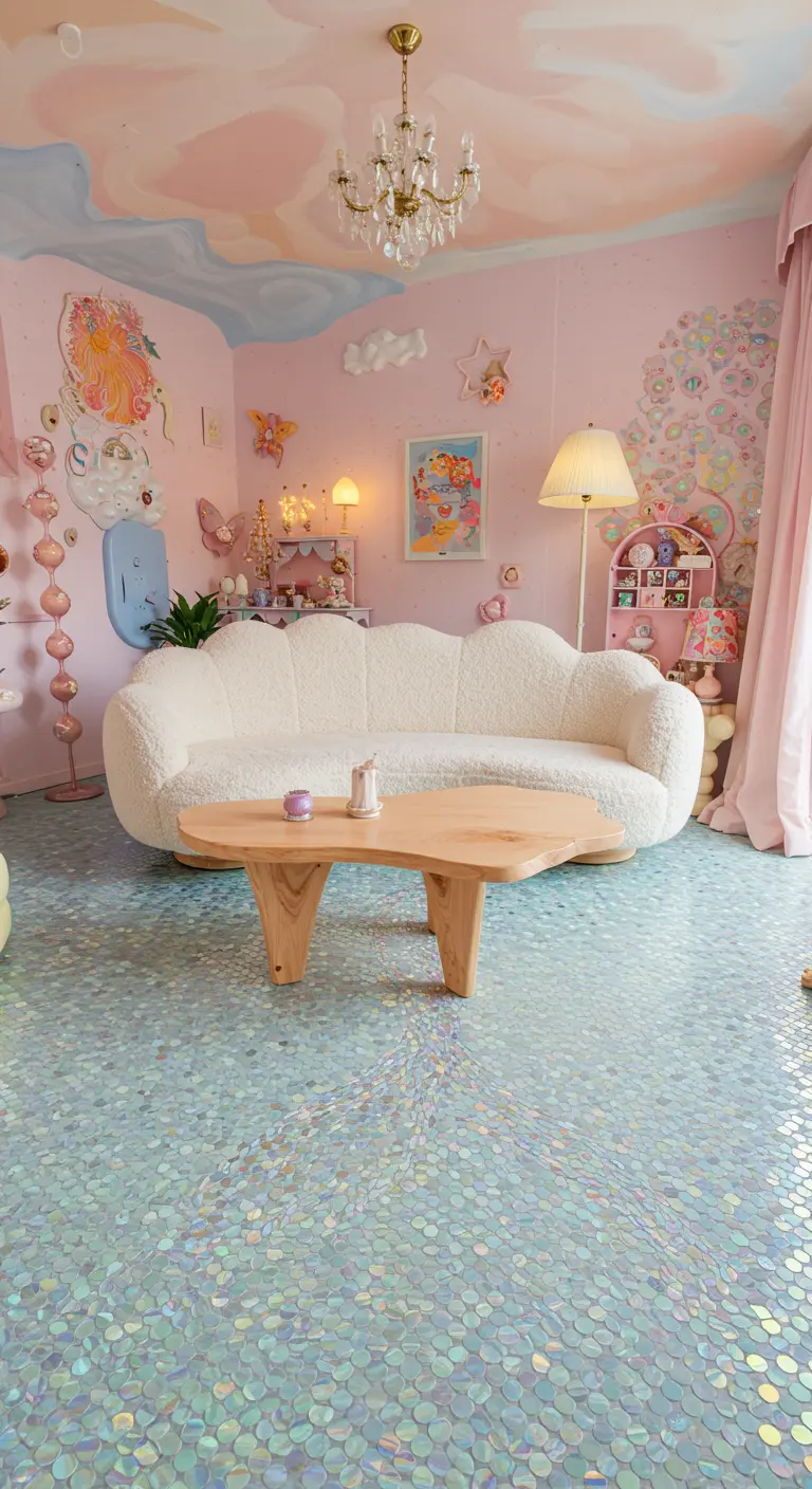 A whimsical room with a white cloud-like sofa and a floor covered in iridescent penny tiles.