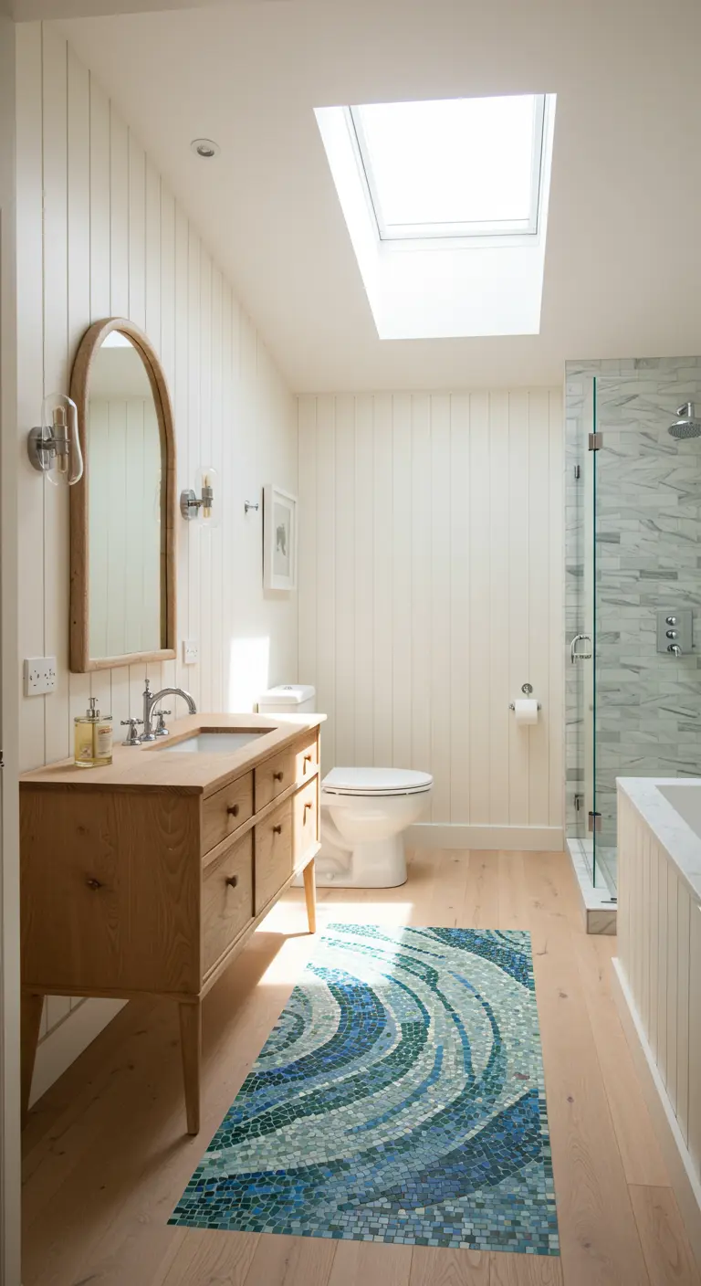 Light-filled bathroom with a wood floor featuring a blue and green mosaic tile inlay.