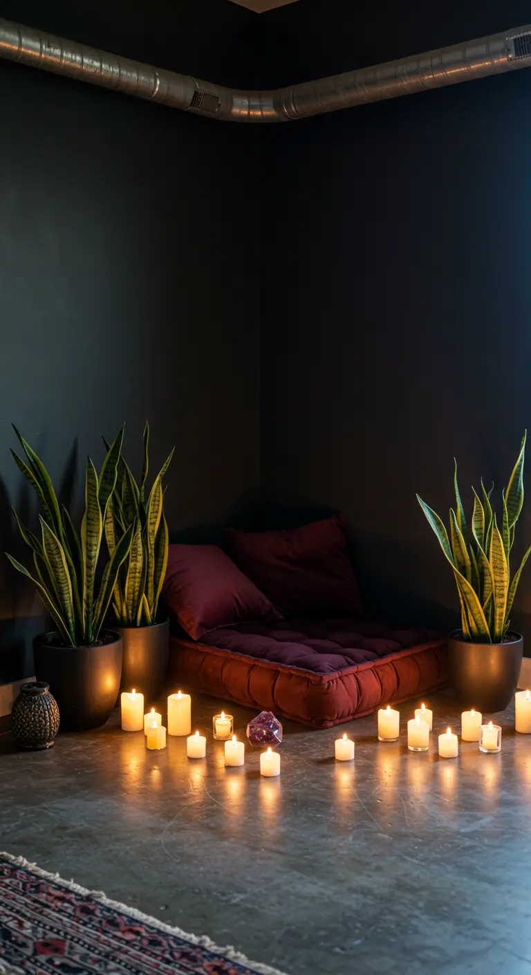 Meditation corner with maroon floor cushions, snake plants, and numerous candles on a concrete floor.