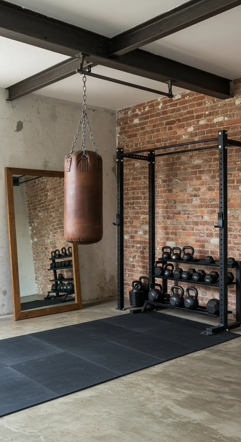 Home gym in an industrial loft with a leather punching bag and brick wall.
