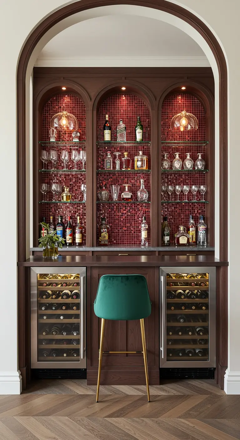 Built-in home bar with three arches, red mosaic tile, glass shelves, and wine fridges.