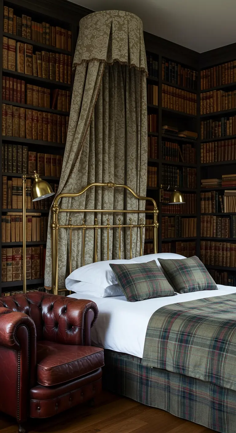 A cozy bedroom surrounded by floor-to-ceiling bookshelves, with a brass bed and a plaid-accented bedspread.