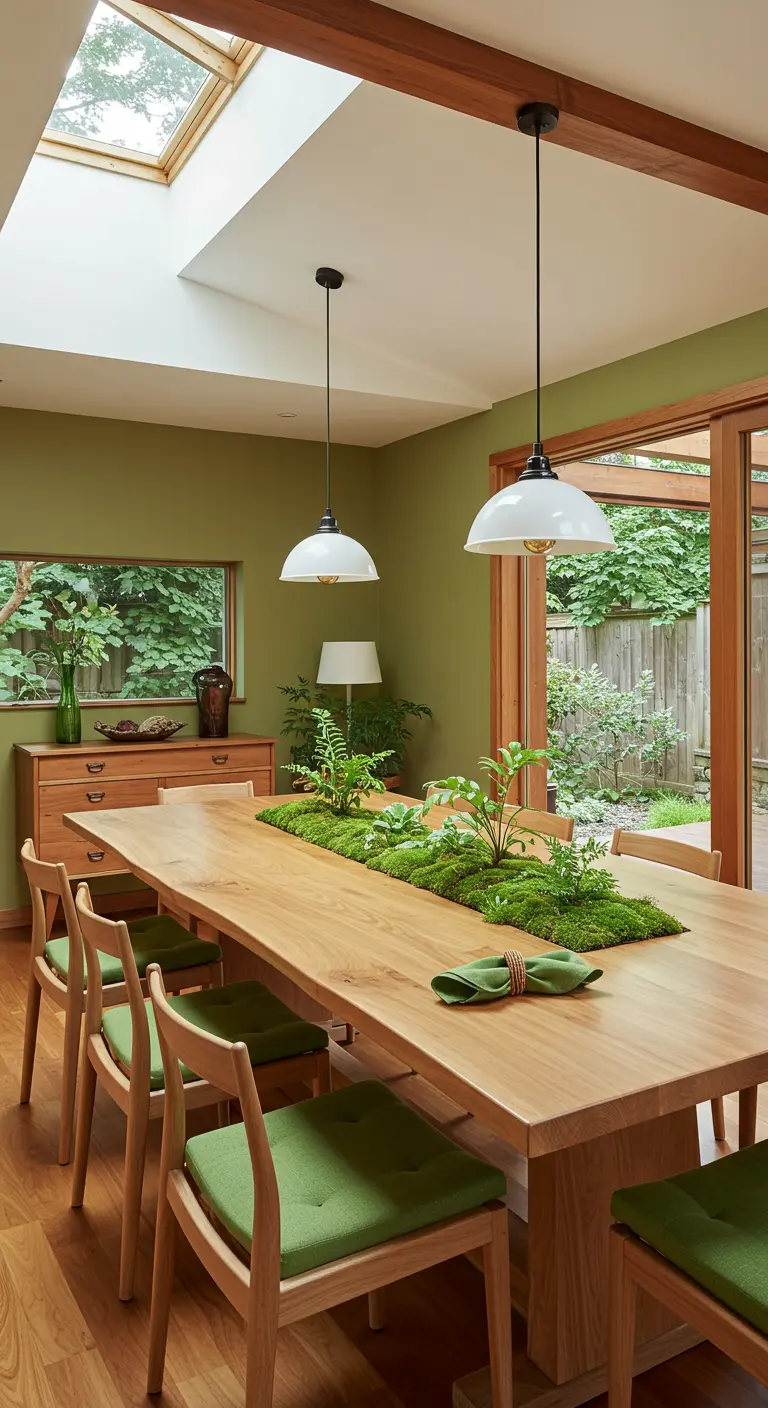 A long oak dining table with a built-in centerpiece filled with live moss and ferns.