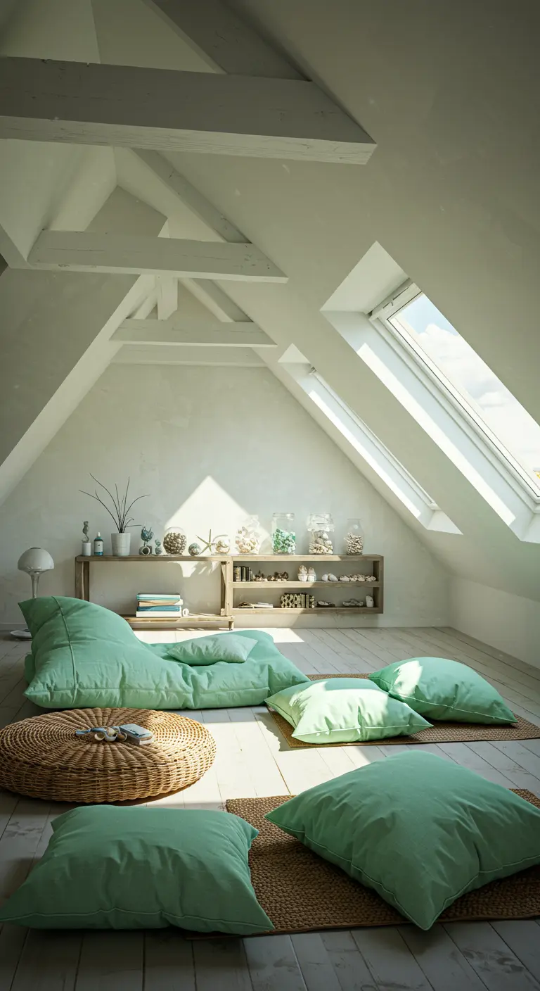 Sunlit attic lounge space with large seafoam green floor cushions and a woven ottoman.