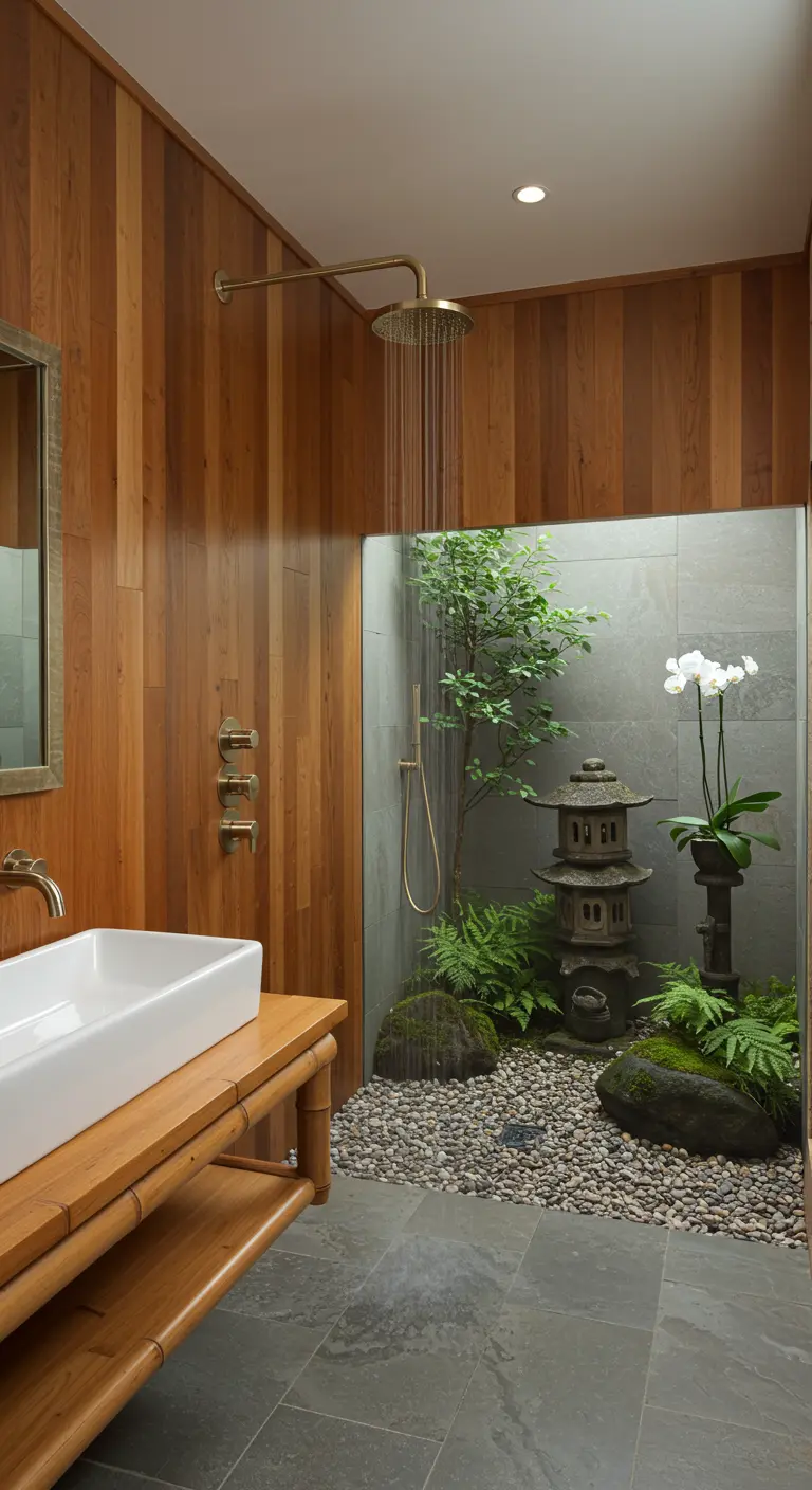 Shower designed as an indoor Japanese garden with pebbles, rocks, and live plants.