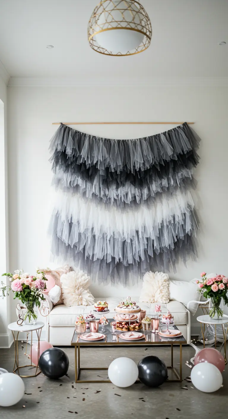 A large wall hanging made from layers of gray and white tulle.