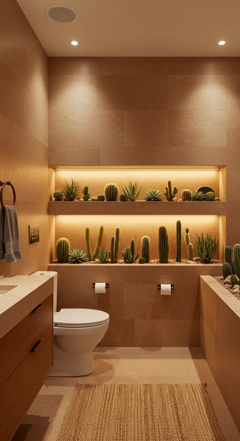 Travertine bathroom with tiered, backlit shelves showcasing a variety of cacti.