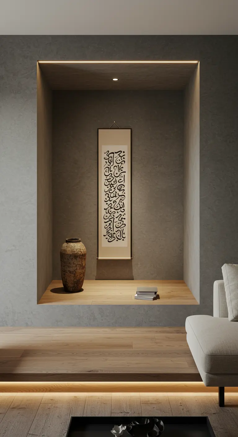 A recessed wall niche with wood flooring, displaying a single rustic pottery vase.