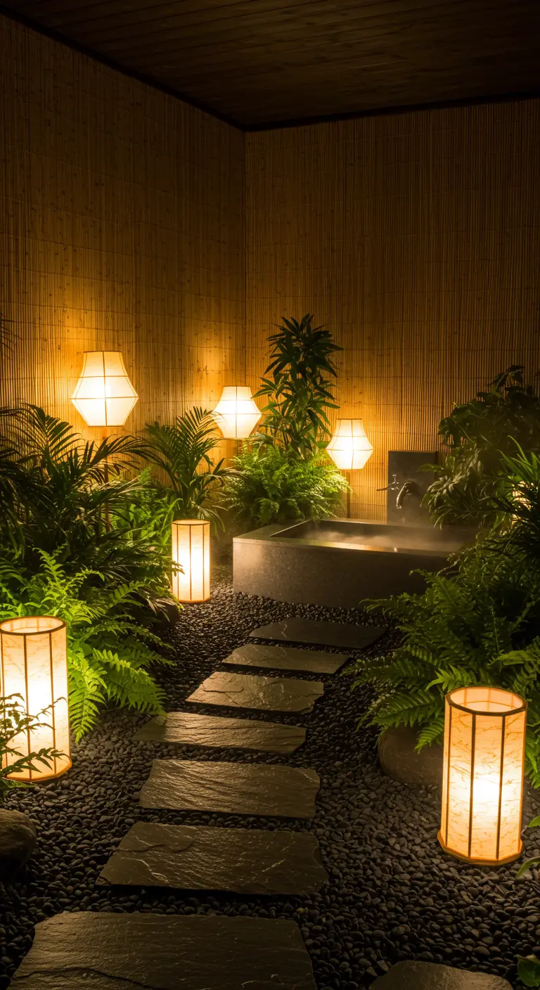 A dark bathroom at night, illuminated by glowing paper lanterns among ferns and a stone tub.