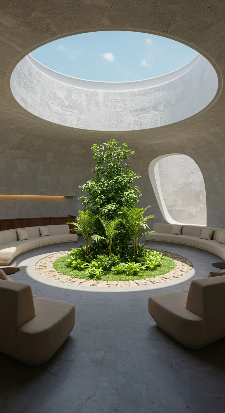 Circular sunken seating area in a concrete room with a tree in the middle under a round skylight.
