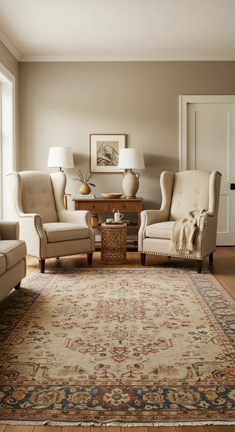 Two cream linen wingback chairs facing each other over a wicker table on a muted Oriental rug.