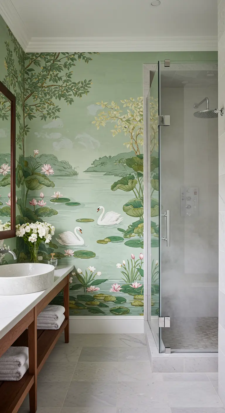 Calm green bathroom with a Chinoiserie mural of swans on a lake.