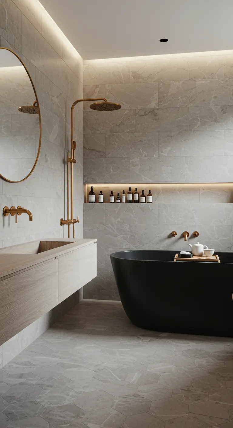 A serene bathroom with a long, illuminated recessed niche above a black bathtub.