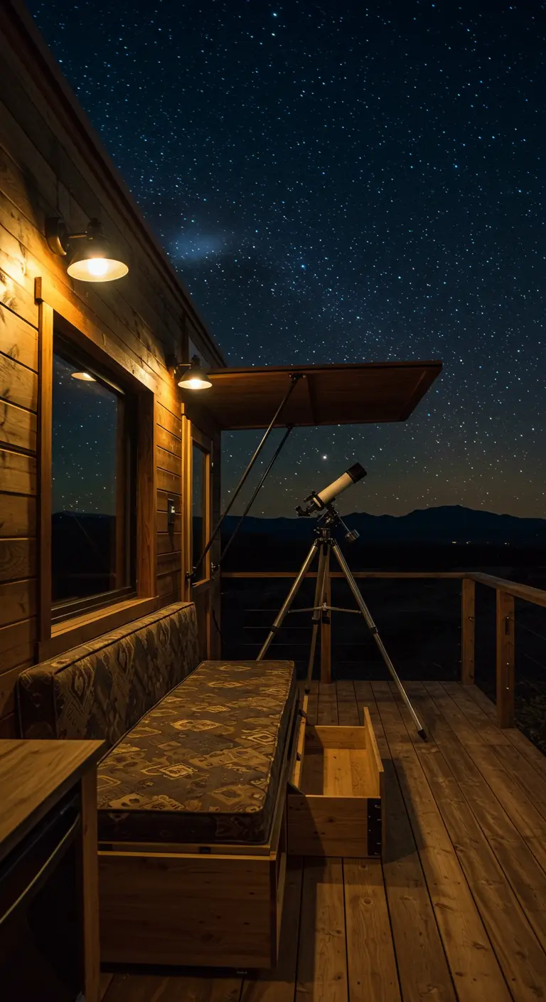 Tiny home deck at night with a telescope pointed at a starry sky.