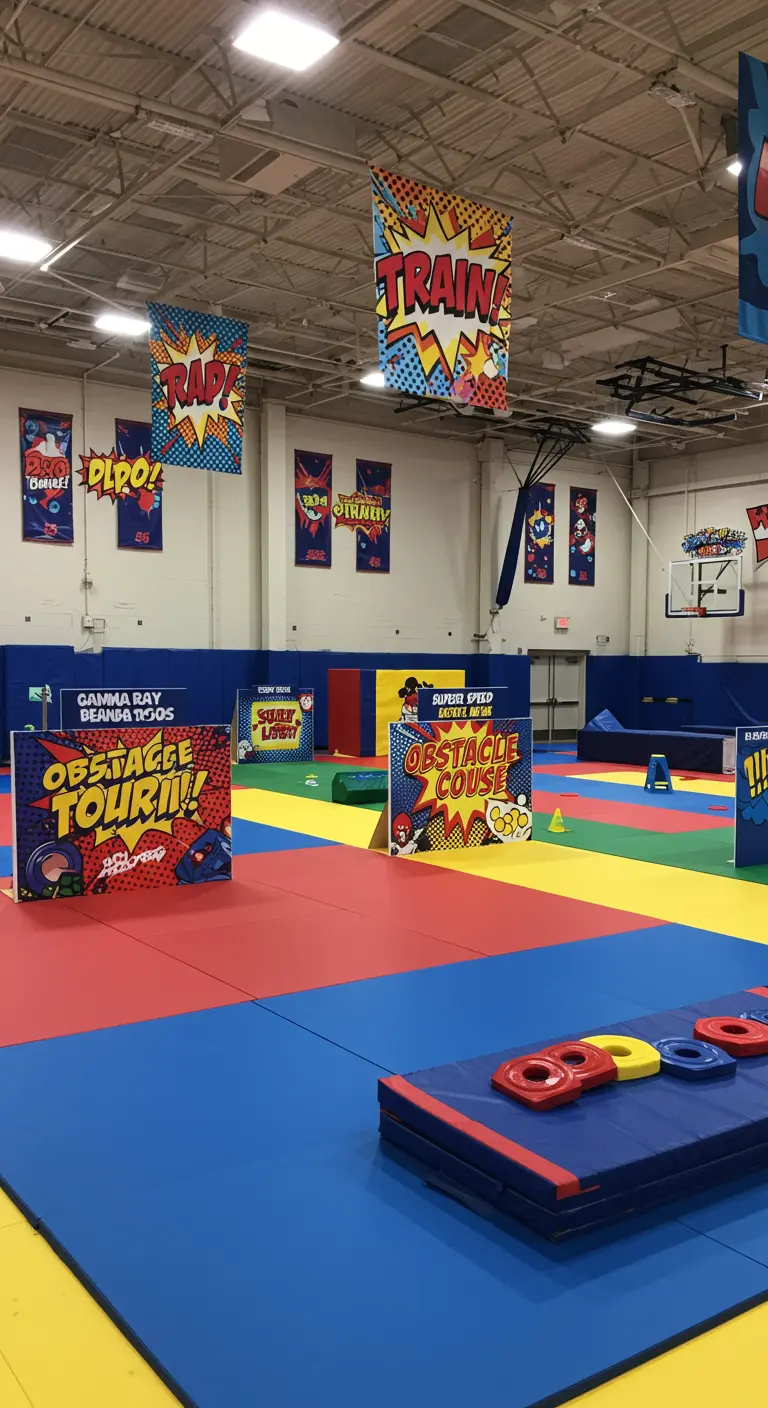 A gym set up as a superhero obstacle course with colorful signs.