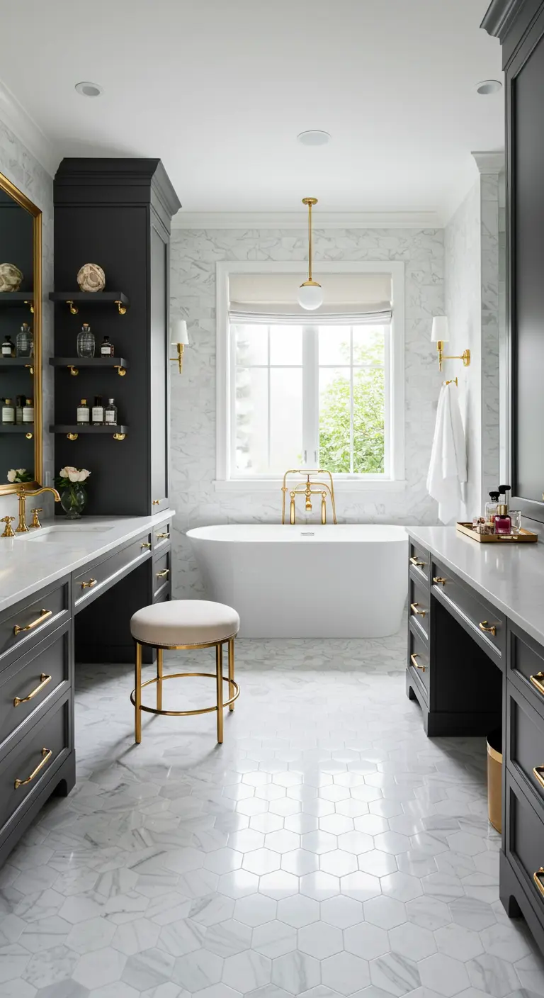 A symmetrical bathroom layout with dual dark gray vanities and a central makeup station.