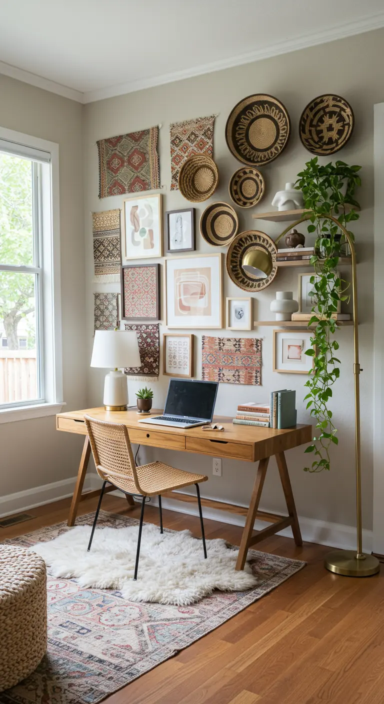 Home office with a gallery wall of framed art, woven baskets, and textile pieces.
