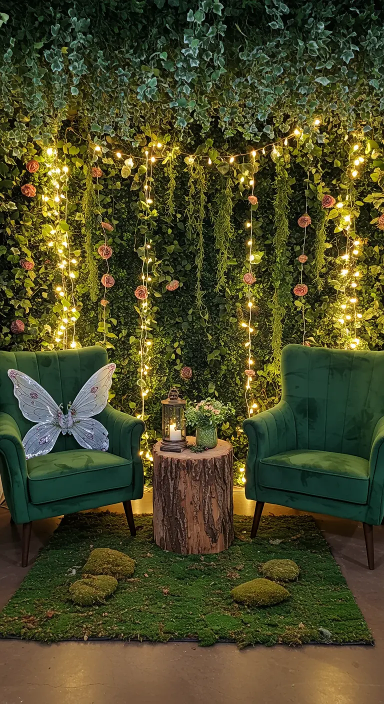 A photo booth area with a greenery wall, fairy lights, velvet chairs, and large fairy wings.