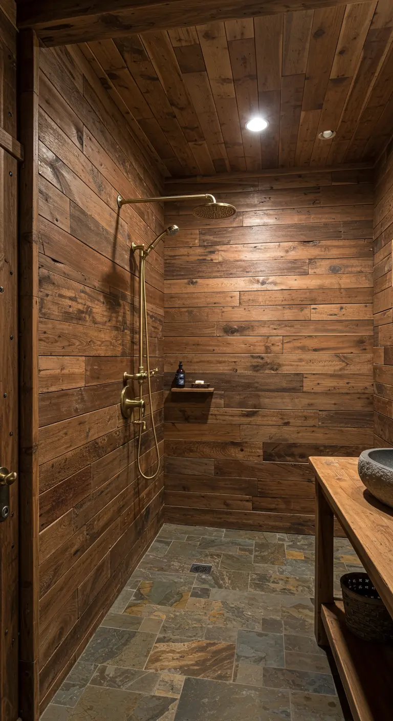 Rustic wood-paneled shower with reclaimed timber walls and a dark slate floor.