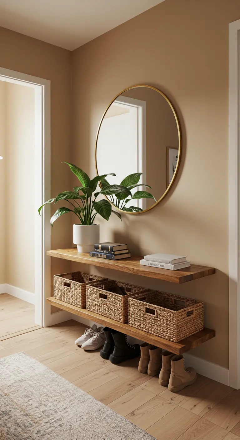 An entryway with two floating shelves, woven baskets for storage, and a large round mirror.