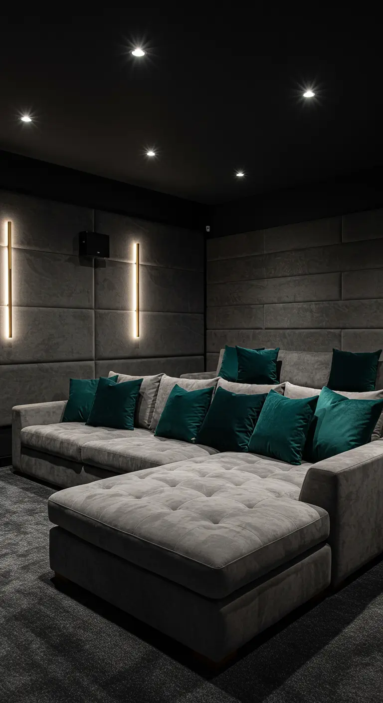 Dark media room with upholstered grey walls, a large grey sectional, and teal velvet pillows.
