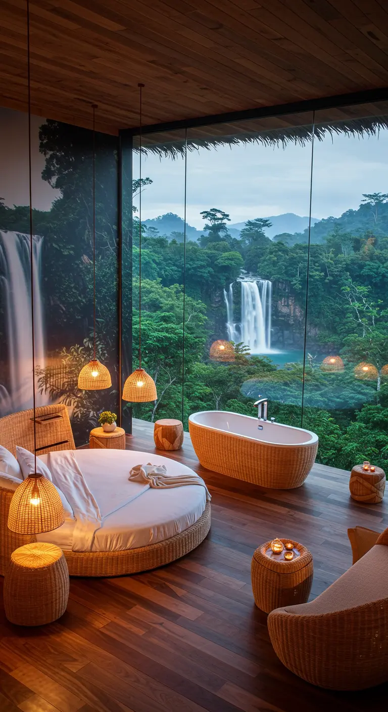 Luxury bedroom with a round bed, woven bathtub, and floor-to-ceiling windows overlooking a waterfall.