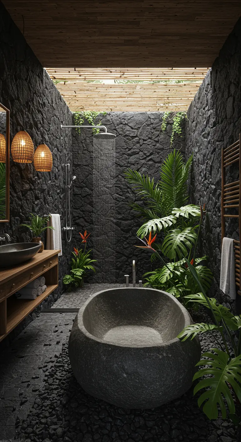 Outdoor-style bathroom with black rock walls, a stone tub, and lush tropical plants.