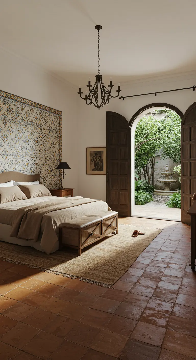 Bedroom with a patterned tile accent wall behind the bed and arched doors opening to a garden.