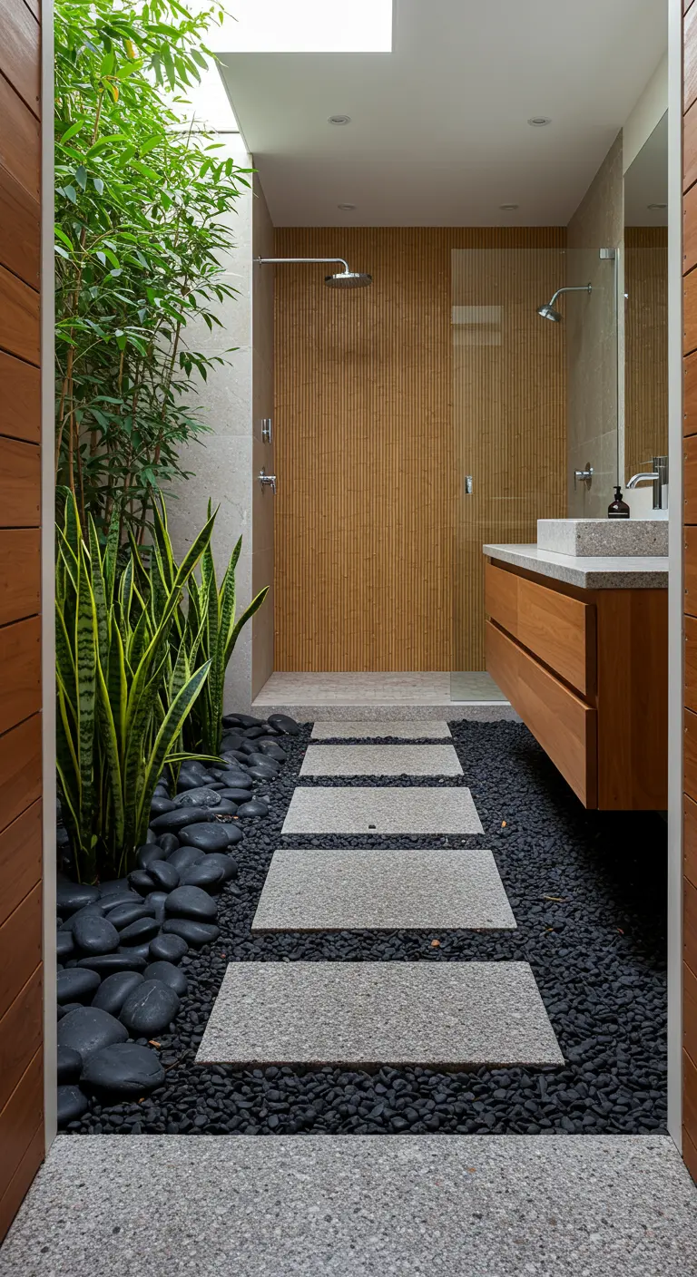 An open shower area leading to an outdoor garden with bamboo and a stone path.