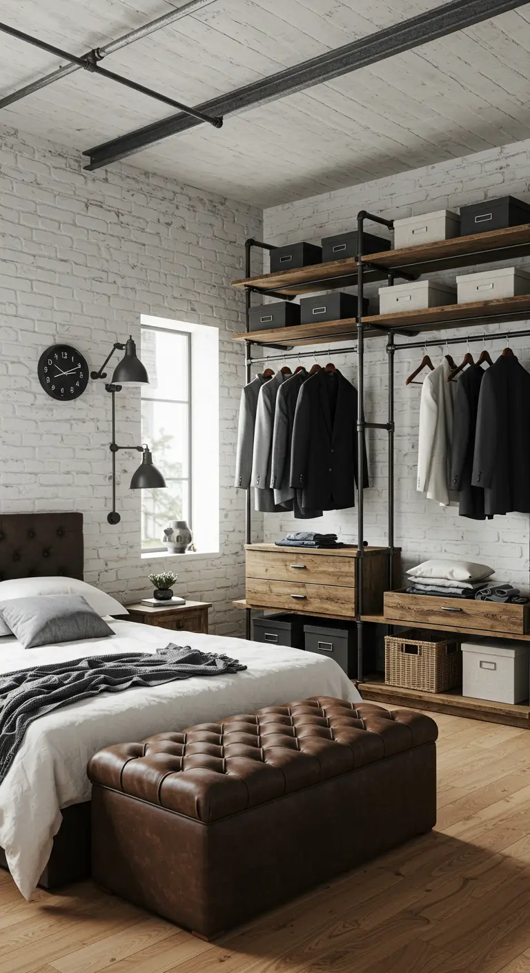 Bedroom with an open closet made from black pipes and wood shelves.