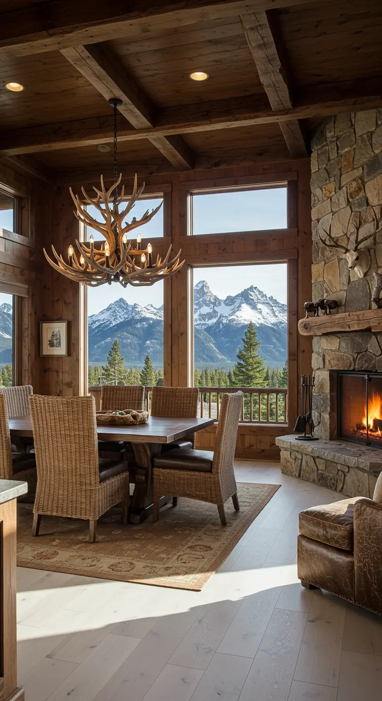 Rustic lodge dining room with an antler chandelier and a large window framing a mountain view.