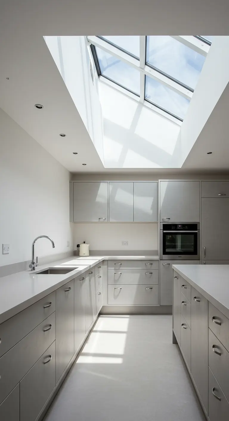 A long, light grey galley kitchen illuminated by a large, multi-paned skylight above.