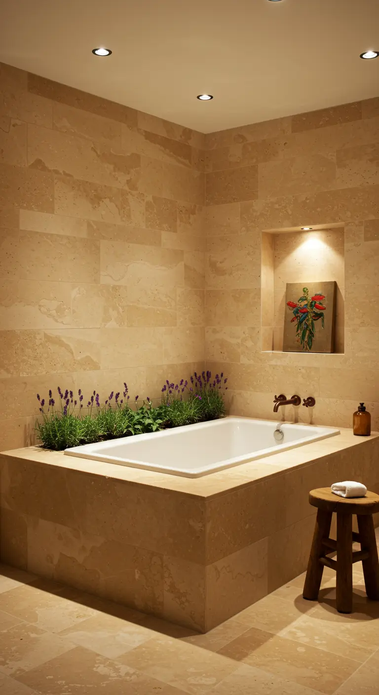 Travertine-clad bathroom with a tub-side planter filled with fragrant lavender.